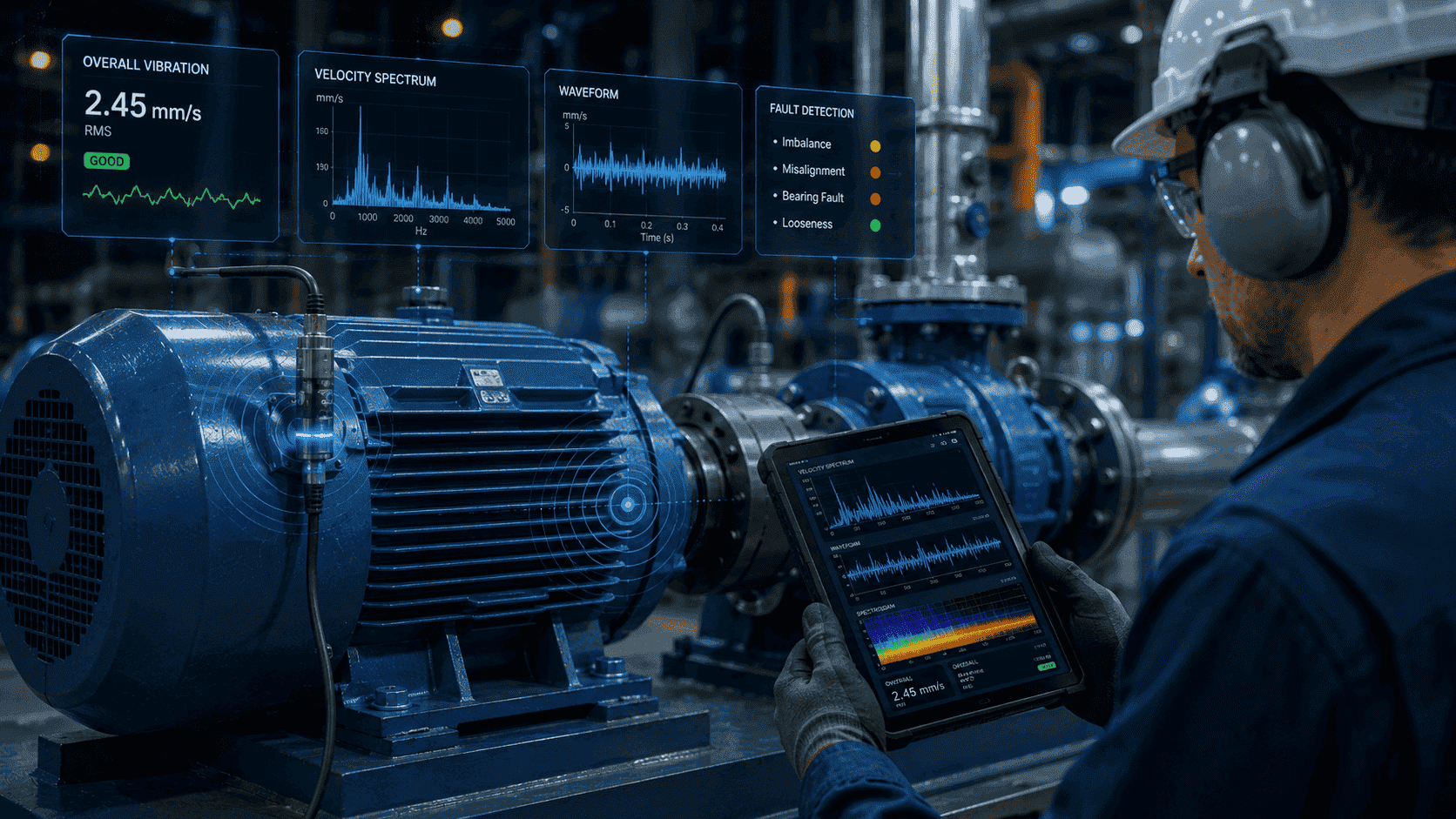 Maintenance engineer using vibration analysis equipment to monitor motor and pump health, with live vibration spectrum, waveform, and bearing fault diagnostics displayed in a manufacturing facility.