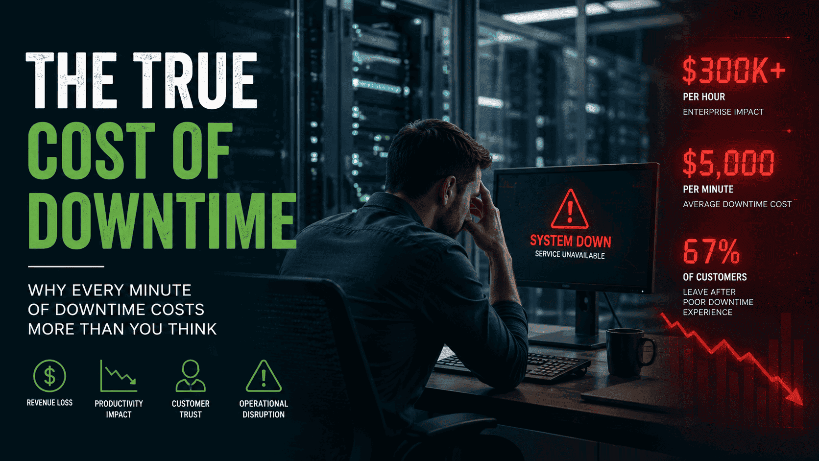 Maintenance engineer responding to an unplanned equipment failure in an industrial facility, highlighting the cost of production downtime and asset reliability.