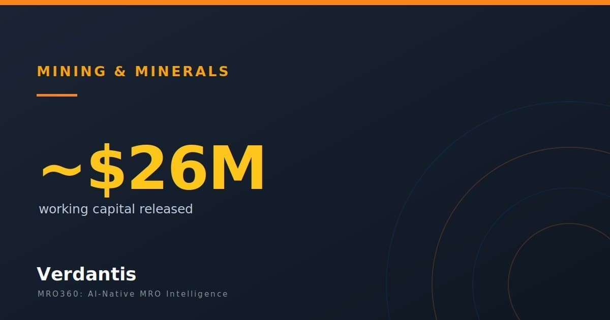 Verdantis MRO360 case study: ~$26M working capital released across five mine sites, Mining and Minerals industry.