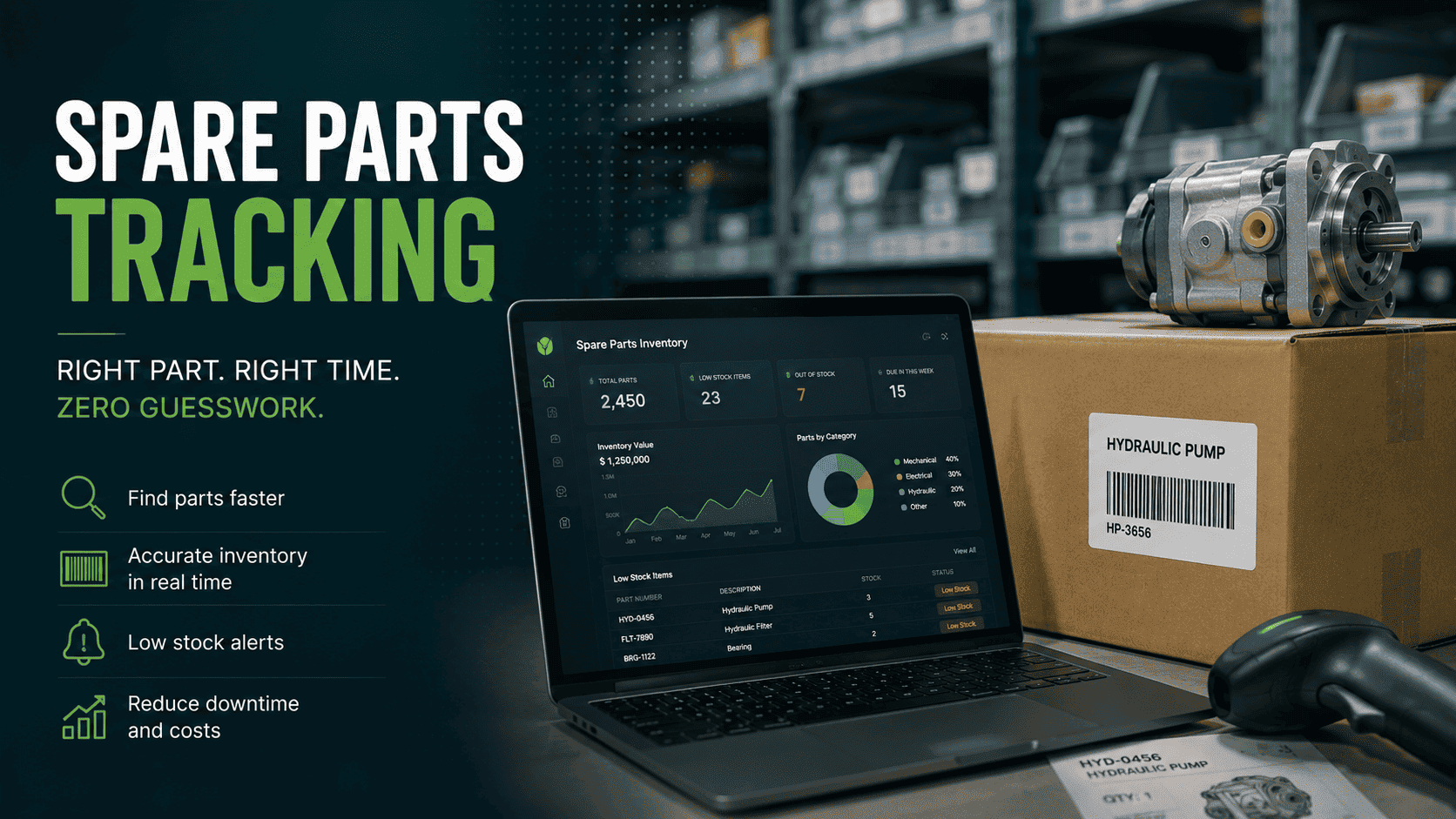 Industrial spare parts tracking dashboard with barcode scanning, labeled components, and real-time inventory monitoring in a warehouse.