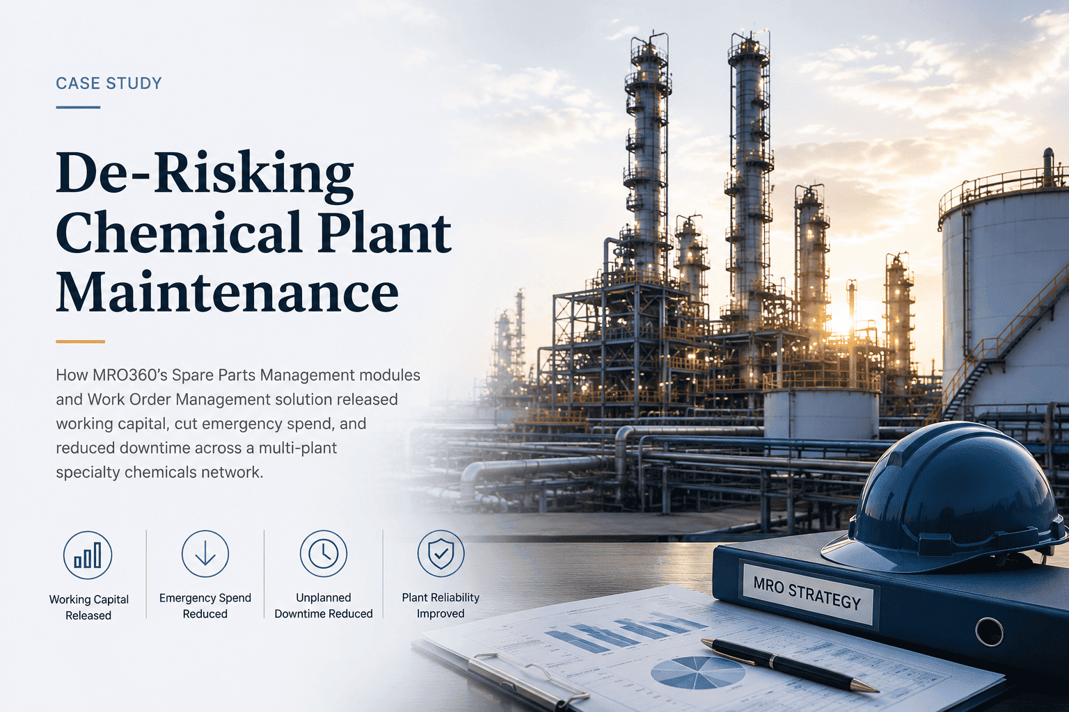 Chemical processing facility with storage tanks and pipelines, representing maintenance planning and MRO inventory optimization across multiple plants.