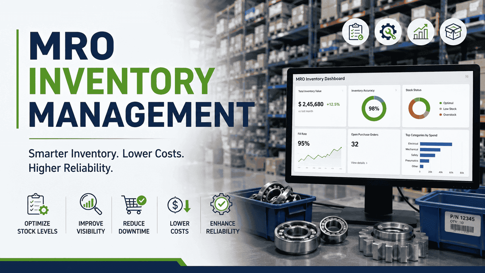 MRO Inventory Management software dashboard with warehouse shelves, industrial spare parts, inventory analytics, and maintenance inventory optimization.