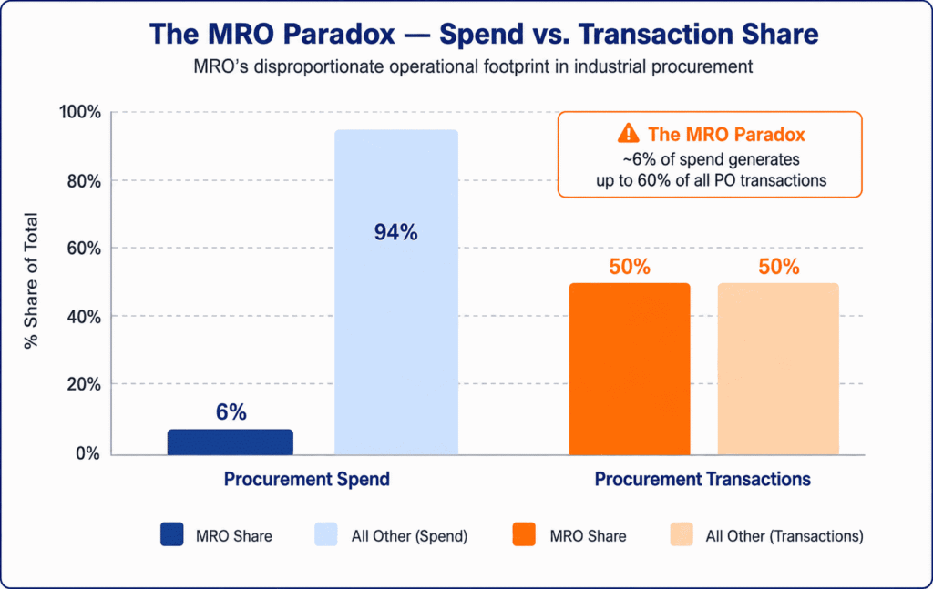 Gráfico de barras que compara la proporción del gasto en MRO (5-8%) con respecto al gasto total en compras (40-60%), lo que ilustra por qué el MRO es la categoría con mayor número de transacciones en las compras industriales, a pesar de su bajo valor de gasto.